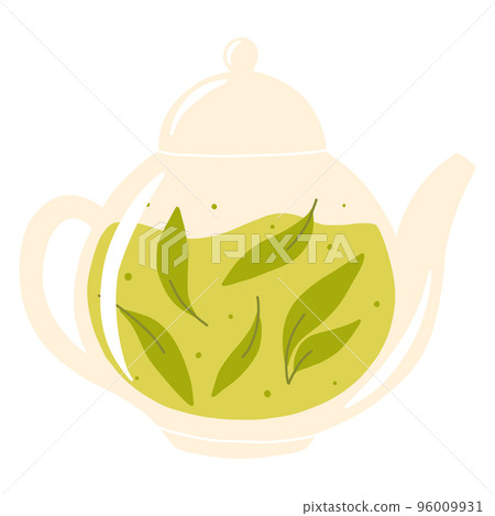 Teapot with green tea. Herbal tea in a glass teapot. Vector illustration. Isolated illustration on a white background. Flat style. 96009931
