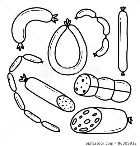 Set of sausages in doodle style. Vector illustration. Pork, veal sausages. 96009932