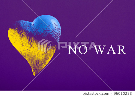 No war in Ukraine. Save Ukraine. The heart is painted in the colors of the Ukrainian flag - blue and yellow. No war text, poster on purple, violet background No war in Ukraine. Save Ukraine. The heart is painted in the colors of the Ukrainian flag - blue and yellow. No war text, poster on purple, violet background 96010258