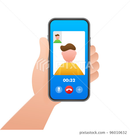 Incoming video call on laptop. Laptop with incoming call, man profile picture and accept decline buttons. Vector stock illustration. 96010632
