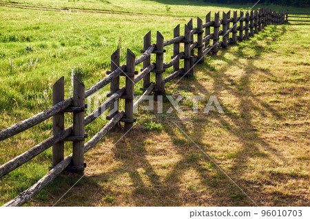 Wooden fence with a drop shadow on a sunny summer day. Rustic hedge. 96010703