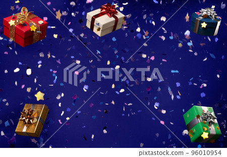 Blue background with gifts and falling confetti 96010954
