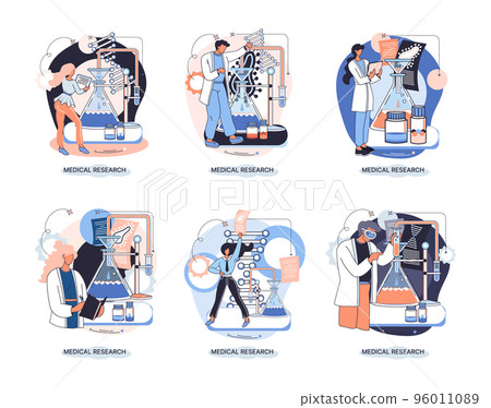 Medical research. Laboratory diagnostic services, medical device design and development scenes set metaphor 96011089