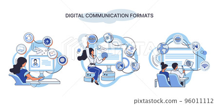 Digital communication formats metaphor, content with online data and social media streaming, mobile app 96011112