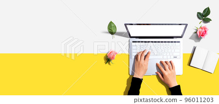 Woman using her laptop with pink roses Woman using her laptop with pink roses 96011203