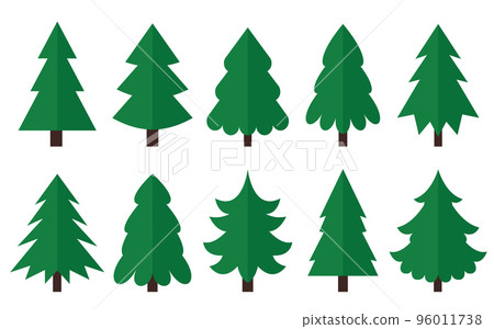 Christmas tree green flat sign set. Happy New Year merry xmas evergreen cone plant symbol, fir, spruice, pine. Winter holiday eve greeting card cartoon design element isolated on white backgroud Christmas tree green flat sign set. Happy New Year merry xmas evergreen cone plant symbol, fir, spruice, pine. Winter holiday eve greeting card cartoon design element isolated on white backgroud 96011738