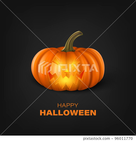 Vector Halloween Pumpkin on Black Background. Cute Jack-o-lanterns, Carved Pumpkin Face for Invitations, Cards, Wrapping, Banners Design. 3d Realistic Pumpkin Vector Halloween Pumpkin on Black Background. Cute Jack-o-lanterns, Carved Pumpkin Face for Invitations, Cards, Wrapping, Banners Design. 3d Realistic Pumpkin 96011770
