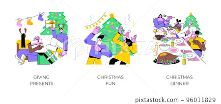 Christmas time isolated cartoon vector illustrations set. Couple giving presents to each other, having fun on Christmas party, diverse friends celebrate at the table together vector cartoon. Christmas time isolated cartoon vector illustrations set. Couple giving presents to each other, having fun on Christmas party, diverse friends celebrate at the table together vector cartoon. 96011829