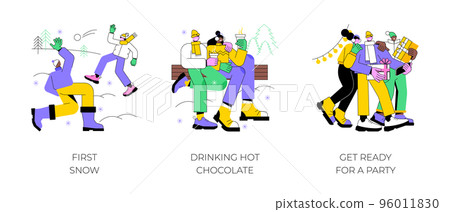 Winter holidays isolated cartoon vector illustrations set. First snow, smiling friends play snowballs together, drinking hot chocolate, get ready for new year party, celebration vector cartoon. Winter holidays isolated cartoon vector illustrations set. First snow, smiling friends play snowballs together, drinking hot chocolate, get ready for new year party, celebration vector cartoon. 96011830