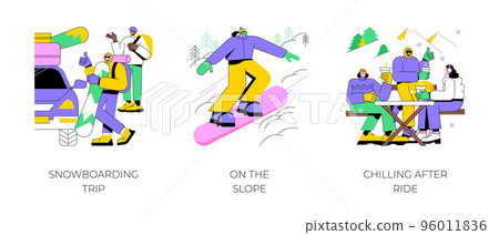 Winter sports isolated cartoon vector illustrations set. Group of diverse friends prepare vacation, snowboarding trip, riding down the slope, outdoor winter activitiy, adventure park vector cartoon. Winter sports isolated cartoon vector illustrations set. Group of diverse friends prepare vacation, snowboarding trip, riding down the slope, outdoor winter activitiy, adventure park vector cartoon. 96011836