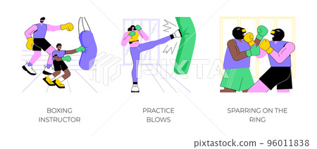 Boxing isolated cartoon vector illustrations set. Boxing instructor, practice blows, sparring on the ring, hit punching bag, kickboxing gym, sparring in gloves and helmets vector cartoon. Boxing isolated cartoon vector illustrations set. Boxing instructor, practice blows, sparring on the ring, hit punching bag, kickboxing gym, sparring in gloves and helmets vector cartoon. 96011838