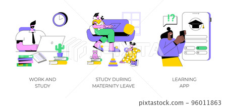 Learning opportunities isolated cartoon vector illustrations set. Work and study, distance learning during maternity leave, learning app, online degree, flexible schedule vector cartoon. Learning opportunities isolated cartoon vector illustrations set. Work and study, distance learning during maternity leave, learning app, online degree, flexible schedule vector cartoon. 96011863