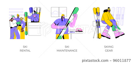 Ski equipment isolated cartoon vector illustrations set. Young couple renting a ski during winter holidays, skiing equipment maintenance, rental business, winter season activity vector cartoon. Ski equipment isolated cartoon vector illustrations set. Young couple renting a ski during winter holidays, skiing equipment maintenance, rental business, winter season activity vector cartoon. 96011877