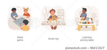 Games for toddlers isolated cartoon vector illustration set. Group of kids playing maze game together, sorter toy, press buttons, learning activity table, educational toy vector cartoon. 96011927