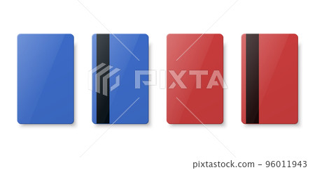 Vector Blue and Red Gift Card, Certificate, Guest Room, Plastic Hotel Apartment Keycard, ID Card, Sale, Credit Card Design Template for Mockup, Branding. Top View - Front, Back Side, Magnetic Strip Vector Blue and Red Gift Card, Certificate, Guest Room, Plastic Hotel Apartment Keycard, ID Card, Sale, Credit Card Design Template for Mockup, Branding. Top View - Front, Back Side, Magnetic Strip 96011943