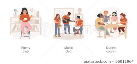 Extracurricular activities and clubs isolated cartoon vector illustration set. Poetry club, writing and performing, school music band, teenagers play instruments, student council vector cartoon. Extracurricular activities and clubs isolated cartoon vector illustration set. Poetry club, writing and performing, school music band, teenagers play instruments, student council vector cartoon. 96011964