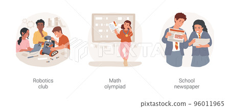 Middle school electives isolated cartoon vector illustration set. Robotics club, teen making robot, math olympiad, child solving equation, school newspaper, student journalism vector cartoon. Middle school electives isolated cartoon vector illustration set. Robotics club, teen making robot, math olympiad, child solving equation, school newspaper, student journalism vector cartoon. 96011965