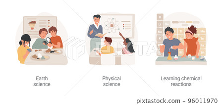 Science middle school curriculum isolated cartoon vector illustration set. Earth science, geology lesson, study physics at school, learning chemical reactions, chemistry class vector cartoon. 96011970