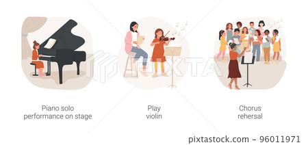 Classic music classes for children isolated cartoon vector illustration set. Orchestra class, piano solo performance on stage, play violin, chorus rehearsal, middle school elective vector cartoon. Classic music classes for children isolated cartoon vector illustration set. Orchestra class, piano solo performance on stage, play violin, chorus rehearsal, middle school elective vector cartoon. 96011971
