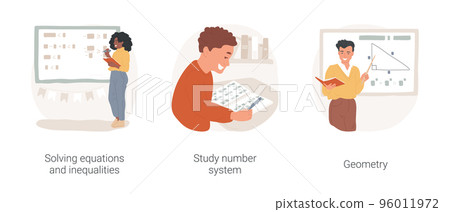Mathematics in middle school isolated cartoon vector illustration set. Math middle school curriculum, solving equations and inequalities, study number system, geometry lesson vector cartoon. 96011972