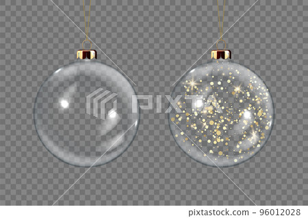 Vector Realistic 3d Transparent Christmas Glass Ball Set with Golden Glitter Closeup Isolated. Design Template of Xmas and New Year Tree Toy Decoration Ball for Mockup. Front View Vector Realistic 3d Transparent Christmas Glass Ball Set with Golden Glitter Closeup Isolated. Design Template of Xmas and New Year Tree Toy Decoration Ball for Mockup. Front View 96012028