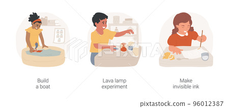 Science project and STEM activity isolated cartoon vector illustration set. Build toy boat, lava lamp experiment, make invisible ink, early education STEM project, science for kids vector cartoon. Science project and STEM activity isolated cartoon vector illustration set. Build toy boat, lava lamp experiment, make invisible ink, early education STEM project, science for kids vector cartoon. 96012387