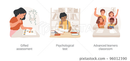 Gifted child program isolated cartoon vector illustration set. Gifted kid assessment, psychological test for talented children, advanced learner special program, mixed classroom vector cartoon. Gifted child program isolated cartoon vector illustration set. Gifted kid assessment, psychological test for talented children, advanced learner special program, mixed classroom vector cartoon. 96012390