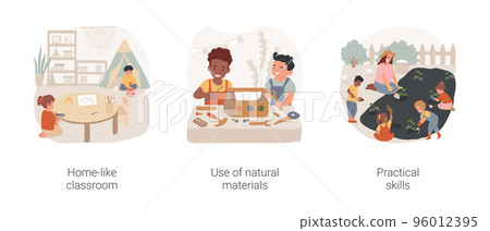 Waldorf preschool learning environment isolated cartoon vector illustration set. Home-like classroom, use of natural materials, practical skills, classroom design, low-tech teaching vector cartoon. Waldorf preschool learning environment isolated cartoon vector illustration set. Home-like classroom, use of natural materials, practical skills, classroom design, low-tech teaching vector cartoon. 96012395