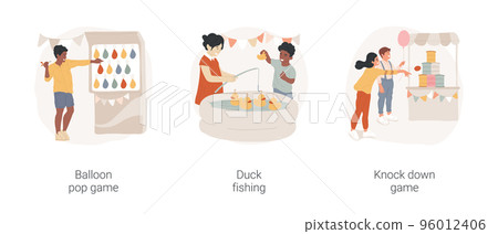 School fair games isolated cartoon vector illustration set. Balloon pop game, duck fishing, knock down jars, win a prize in carnival game of luck, fun activity, school fete vector cartoon. School fair games isolated cartoon vector illustration set. Balloon pop game, duck fishing, knock down jars, win a prize in carnival game of luck, fun activity, school fete vector cartoon. 96012406
