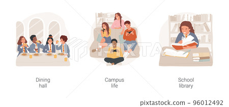 Private boarding school isolated cartoon vector illustration set. Dining hall, campus life, school library, student canteene, independent life, study time doing homework vector cartoon. Private boarding school isolated cartoon vector illustration set. Dining hall, campus life, school library, student canteene, independent life, study time doing homework vector cartoon. 96012492