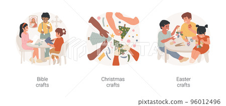 Creative projects at religious school isolated cartoon vector illustration set. Bible crafts, Christmas and Easter handmade, Sunday school art lesson, coloring eggs, paper tree vector cartoon. 96012496