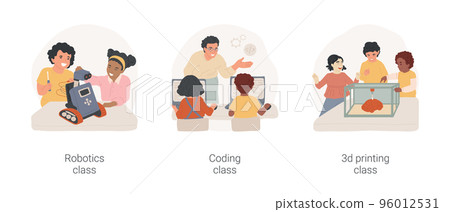 Technology and science classes isolated cartoon vector illustration set. Robotics PA day, engineering workshop, coding class for children, 3d printing after school, daycare center vector cartoon. Technology and science classes isolated cartoon vector illustration set. Robotics PA day, engineering workshop, coding class for children, 3d printing after school, daycare center vector cartoon. 96012531