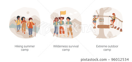 Summer camps for gradeschoolers isolated cartoon vector illustration set. Hiking summer camp, wilderness survival scouts outdoor living program, extreme sport education, vector cartoon. 96012534