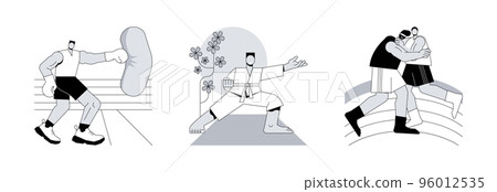 Combat sport abstract concept vector illustration set. Boxing ring, martial arts, wrestling, professional fight club, karate class, self-defense training, greco-roman athlete abstract metaphor. Combat sport abstract concept vector illustration set. Boxing ring, martial arts, wrestling, professional fight club, karate class, self-defense training, greco-roman athlete abstract metaphor. 96012535