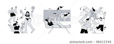 Summer event abstract concept vector illustration set. Beach party, swimming pool dance, foam party entertainment, swimming suits, bikini, dance floor, flamingo inflatable circle abstract metaphor. 96012548