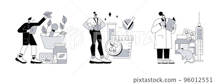 Pharmaceutical business abstract concept vector illustration set. Homeopathy, performance drugs, animal testing of medicines, anabolic steroids, holistic approach, natural drug abstract metaphor. Pharmaceutical business abstract concept vector illustration set. Homeopathy, performance drugs, animal testing of medicines, anabolic steroids, holistic approach, natural drug abstract metaphor. 96012551