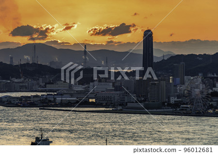 Kanmon Straits and Shimonoseki at dusk, Kitakyushu City, Fukuoka Prefecture 96012681