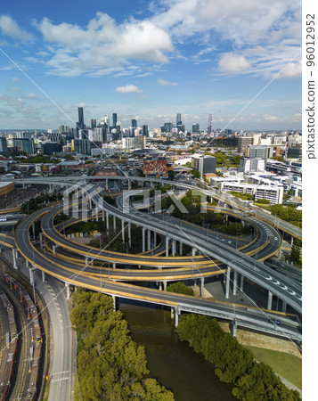 Aerial vertical view of Brisbane city and highway traffic in Australia in daytime 96012952