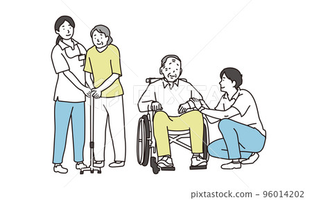 Elderly people with wheelchairs and canes and caregivers 96014202