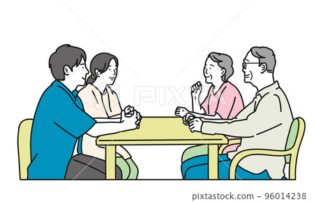 A young couple and an old couple talking with a smile A young couple and an old couple talking with a smile 96014238