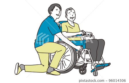 Elderly people in wheelchairs and caregivers Elderly people in wheelchairs and caregivers 96014306