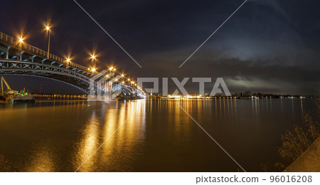 Beautiful sunset night over Rhine / Rhein river and old bridge in Mainz near Frankfurt am Main, Germany. 96016208