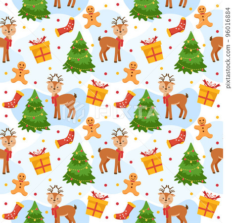 Christmas Background Seamless Pattern Design With Santa Claus, Tree, Snowman And Gifts in Template Hand Drawn Cartoon Flat Illustration 96016884