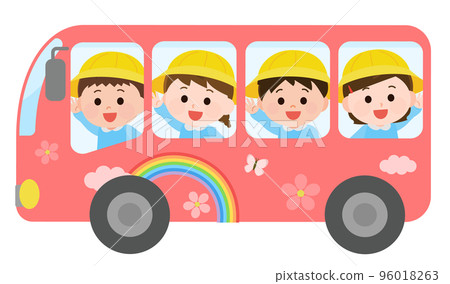 一個幼兒園孩子從校車上揮手的插圖 一個幼兒園孩子從校車上揮手的插圖 96018263