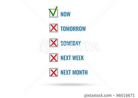 Concept of procrastination with now or later 96018671