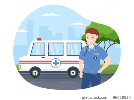 Medical Vehicle Ambulance Car or Emergency Service for Pick Up Patient the Injured in an Accident in Flat Cartoon Hand Drawn Templates Illustration 96018923