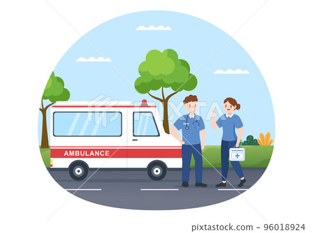 Medical Vehicle Ambulance Car or Emergency Service for Pick Up Patient the Injured in an Accident in Flat Cartoon Hand Drawn Templates Illustration 96018924