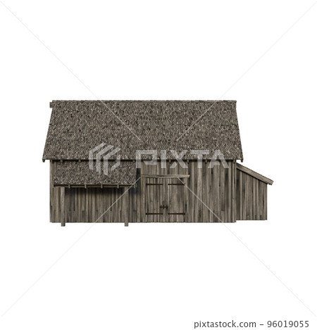 Illustration of an old peasant barn for collages or clip art, isolated on white background. 3D render-illustration. Illustration of an old peasant barn for collages or clip art, isolated on white background. 3D render-illustration. 96019055