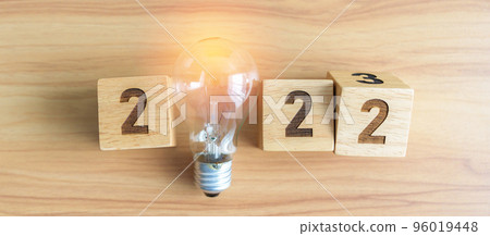 2023 block with lightbulb. Business Idea, Creative, Thinking, brainstorm, Goal, Resolution, strategy, plan, Action, change and New Year start concepts 2023 block with lightbulb. Business Idea, Creative, Thinking, brainstorm, Goal, Resolution, strategy, plan, Action, change and New Year start concepts 96019448