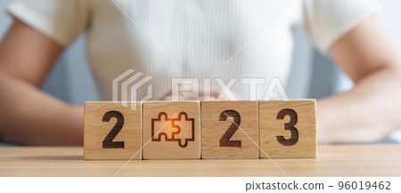 2023 block with jigsaw puzzle icon. Business Process, Team, teamwork, Goal, mission, Resolution, strategy, plan, Action, partnership, cooperation , brainstorm and New Year start concepts 96019462